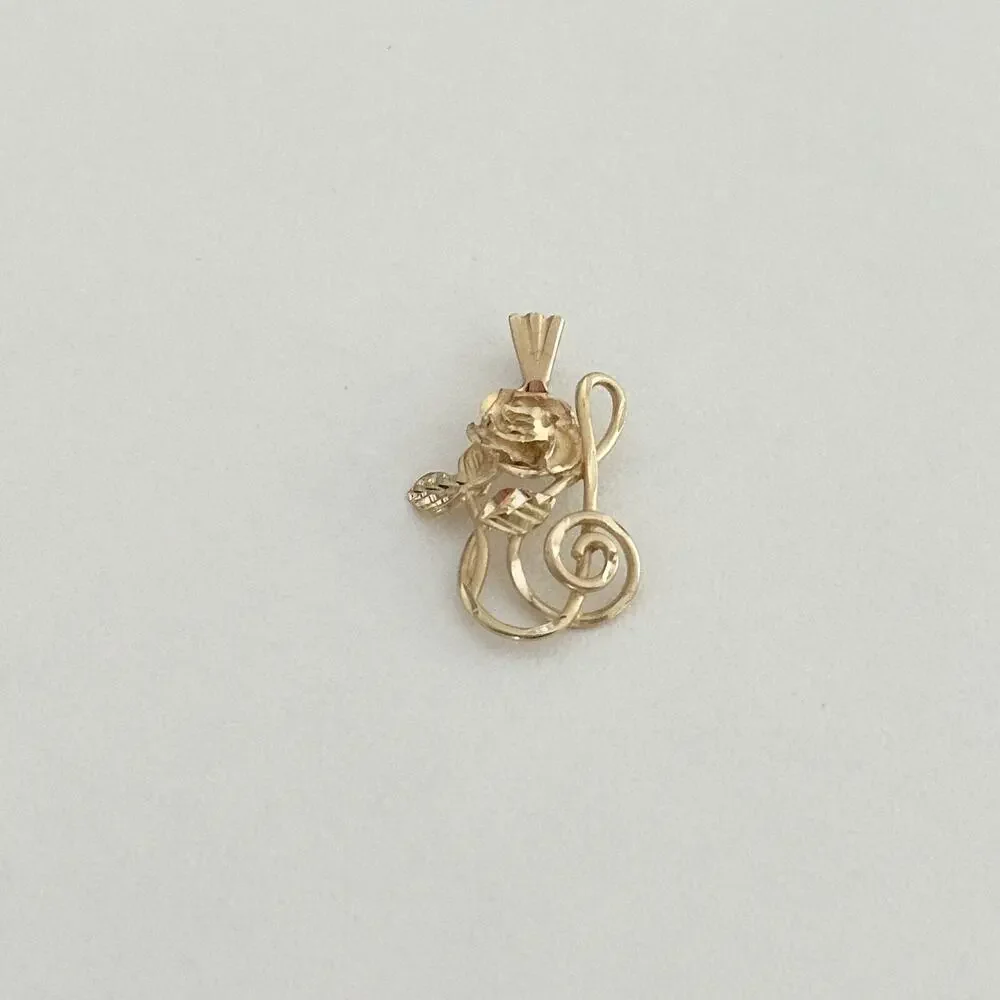 Vintage 14K Yellow Gold Rose Flower & Treble Clef Music Note Charm Pendant